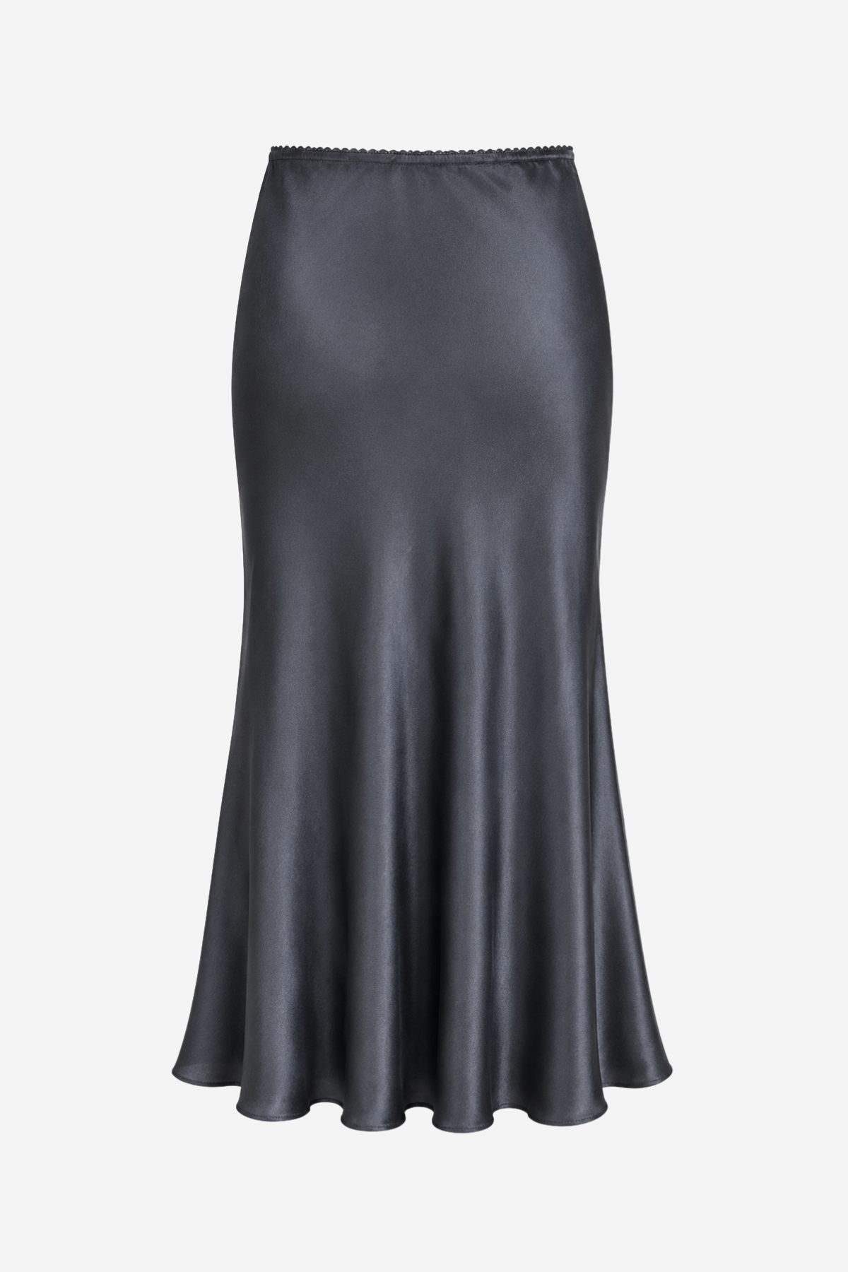 Women's silky midi slip skirt featuring a fluid drape and elegant straight silhouette in a charcoal gray color.