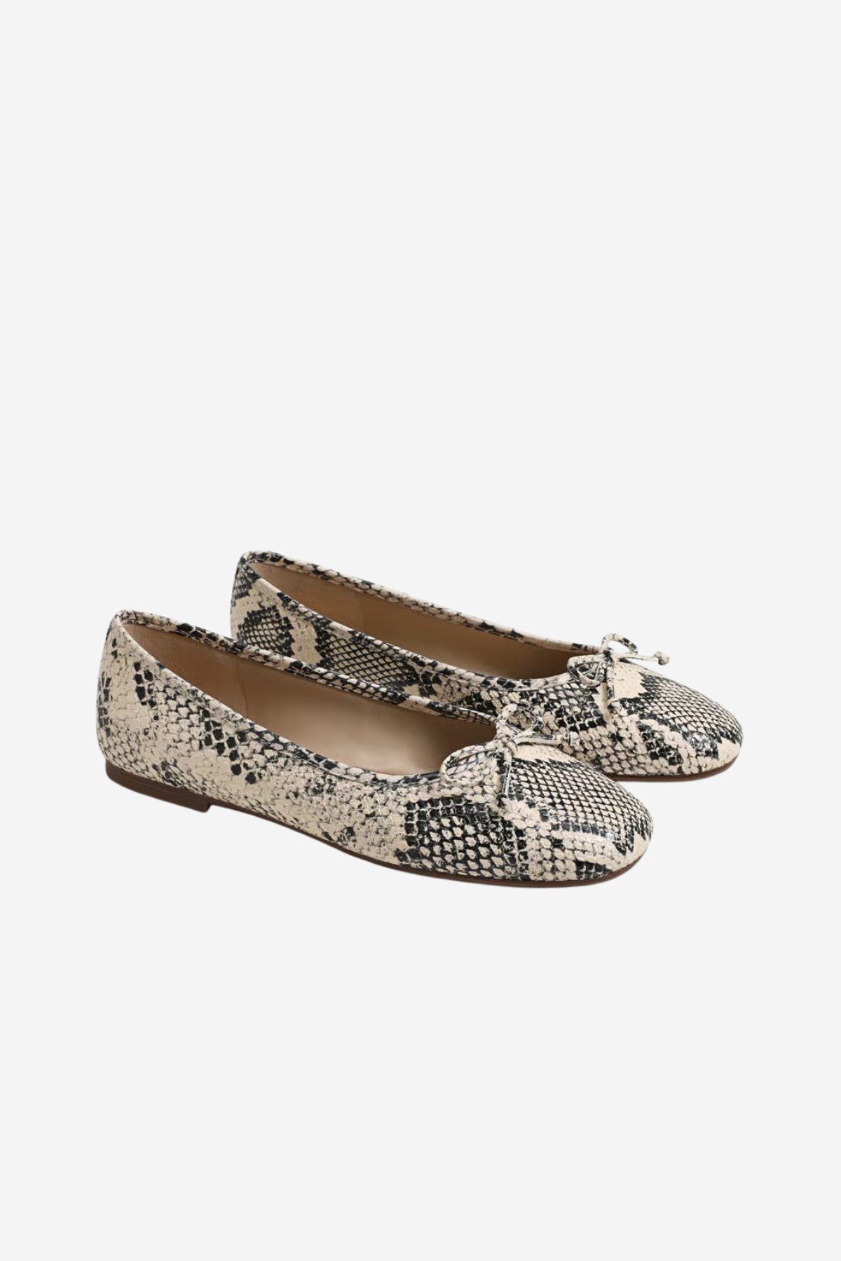 A pair of women's ballet flats featuring a black and beige snakeskin pattern, with small bow details on the toes, shown against a plain light gray background.