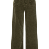 Olive green wide-leg corduroy pants with a button closure and front pockets, shown against a plain white background.