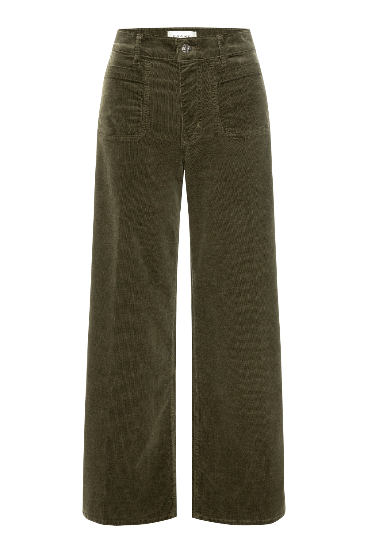 Olive green wide-leg corduroy pants with a button closure and front pockets, shown against a plain white background.