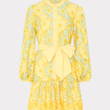 yellow lace long sleeve dress on white background 