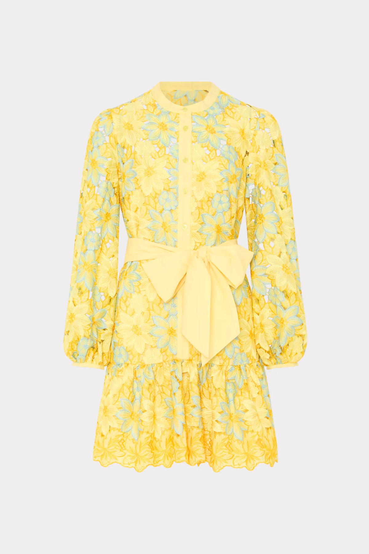 yellow lace long sleeve dress on white background 