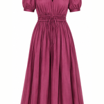 A dusty rose pink midi-length pleated dress with short puff sleeves, a V-neckline, and a drawstring waist, shown against a plain white background.