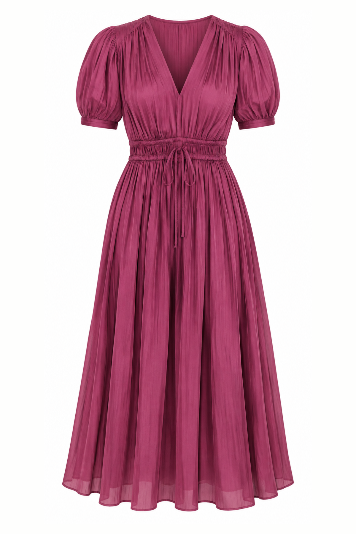 A dusty rose pink midi-length pleated dress with short puff sleeves, a V-neckline, and a drawstring waist, shown against a plain white background.