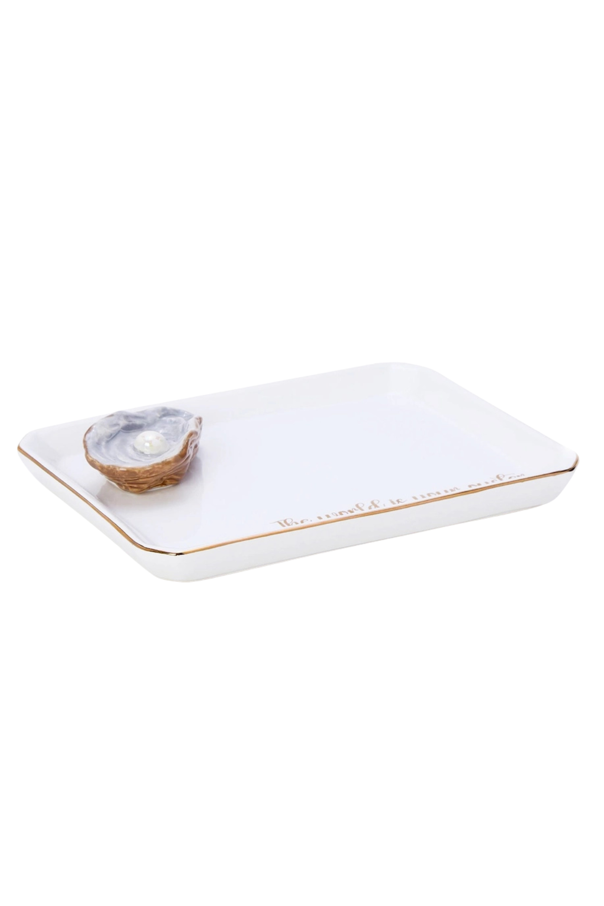 A white rectangular ceramic dish with rounded corners, a thin gold rim, and delicate gold script text along one edge, shown on a plain white background with a small oyster shell on top.