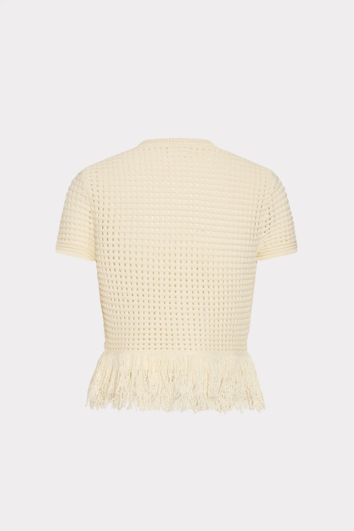 A cream-colored short-sleeve knit top with a textured openwork pattern and a fringed hem, shown from the back against a light gray background.
