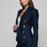 Navy structured blazer styled over a simple top.