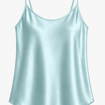 A light mint green satin camisole top with thin spaghetti straps, displayed flat against a clean white background.