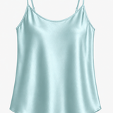 A light mint green satin camisole top with thin spaghetti straps, displayed flat against a clean white background.