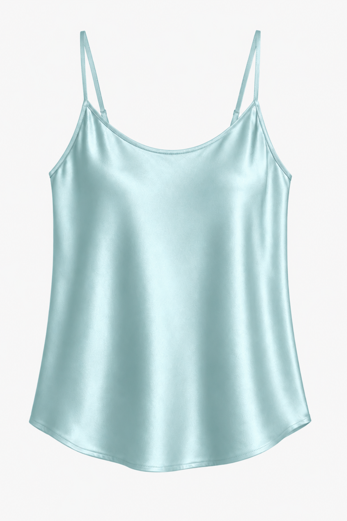 A light mint green satin camisole top with thin spaghetti straps, displayed flat against a clean white background.