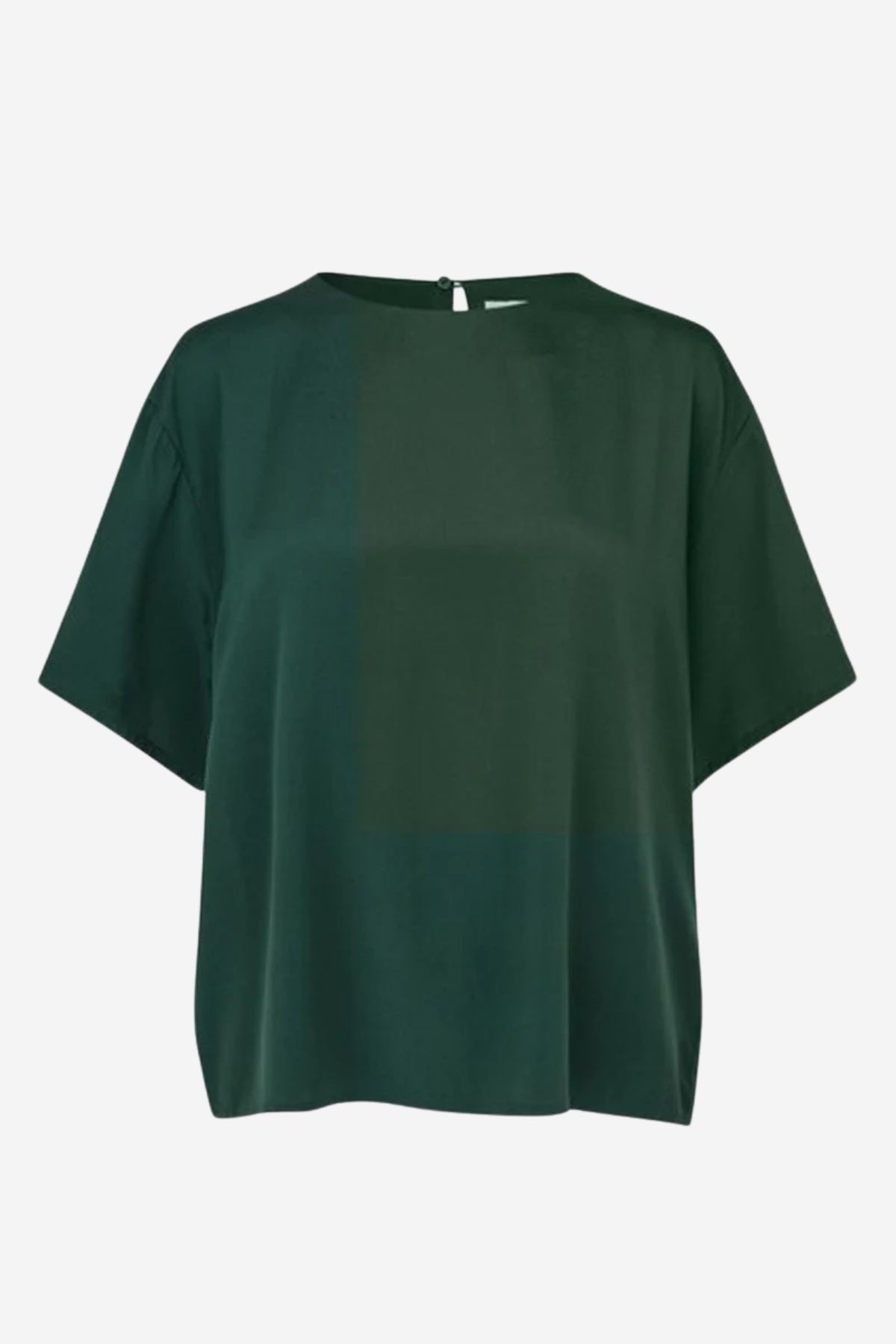 A dark green short-sleeve top with a color-blocked design, featuring a solid dark green upper chest and a slightly lighter forest green lower half, shown against a plain light gray background.
