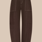 Dark brown wide-leg cargo pants with contrast light stitching and large front patch pockets, shown flat against a solid beige background.