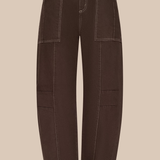 Dark brown wide-leg cargo pants with contrast light stitching and large front patch pockets, shown flat against a solid beige background.