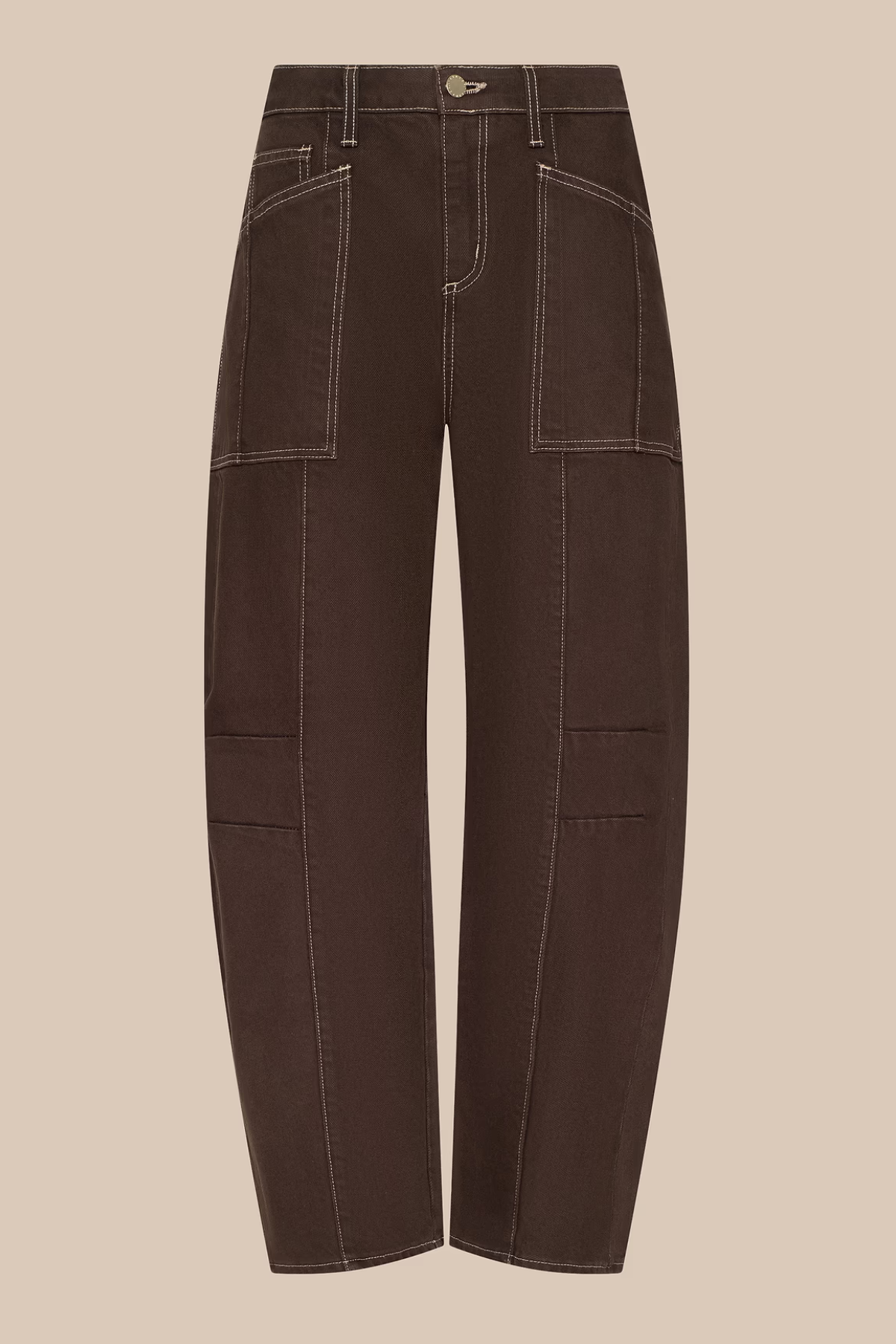 Dark brown wide-leg cargo pants with contrast light stitching and large front patch pockets, shown flat against a solid beige background.
