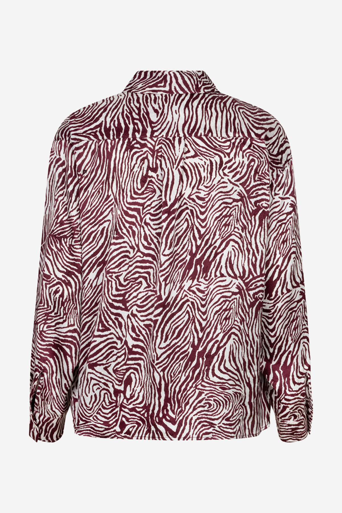 A long-sleeve button-up shirt with a bold zebra-like abstract pattern in deep burgundy and white, shown against a plain light gray background.