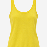 A bright yellow ribbed knit tank top with a scoop neckline, displayed on a clean white background.