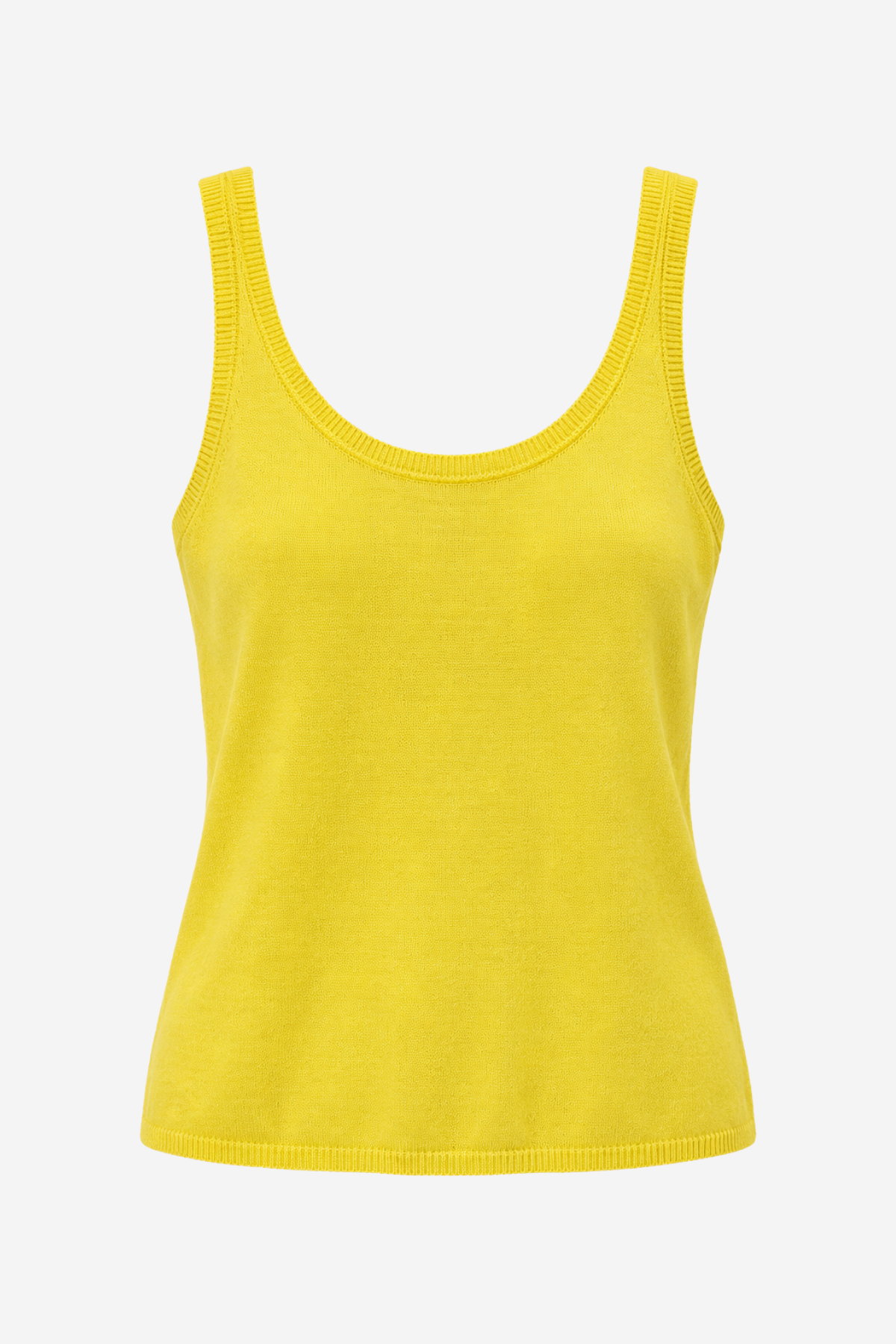 A bright yellow ribbed knit tank top with a scoop neckline, displayed on a clean white background.