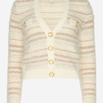 A cream and beige striped knit cardigan sweater with gold buttons, shown against a plain white background.