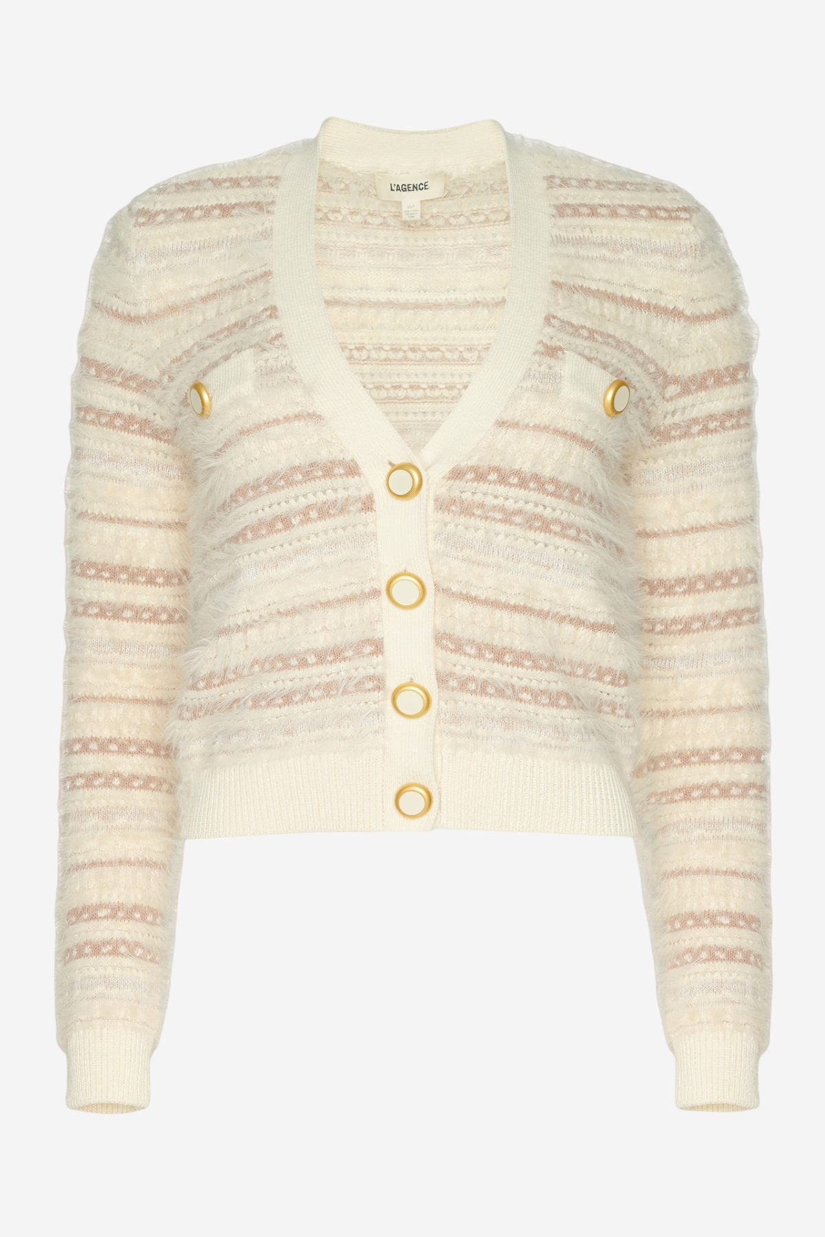 A cream and beige striped knit cardigan sweater with gold buttons, shown against a plain white background.