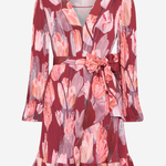 A long-sleeve wrap dress with a tie waist, featuring a pink and red floral tulip print on a light gray background.