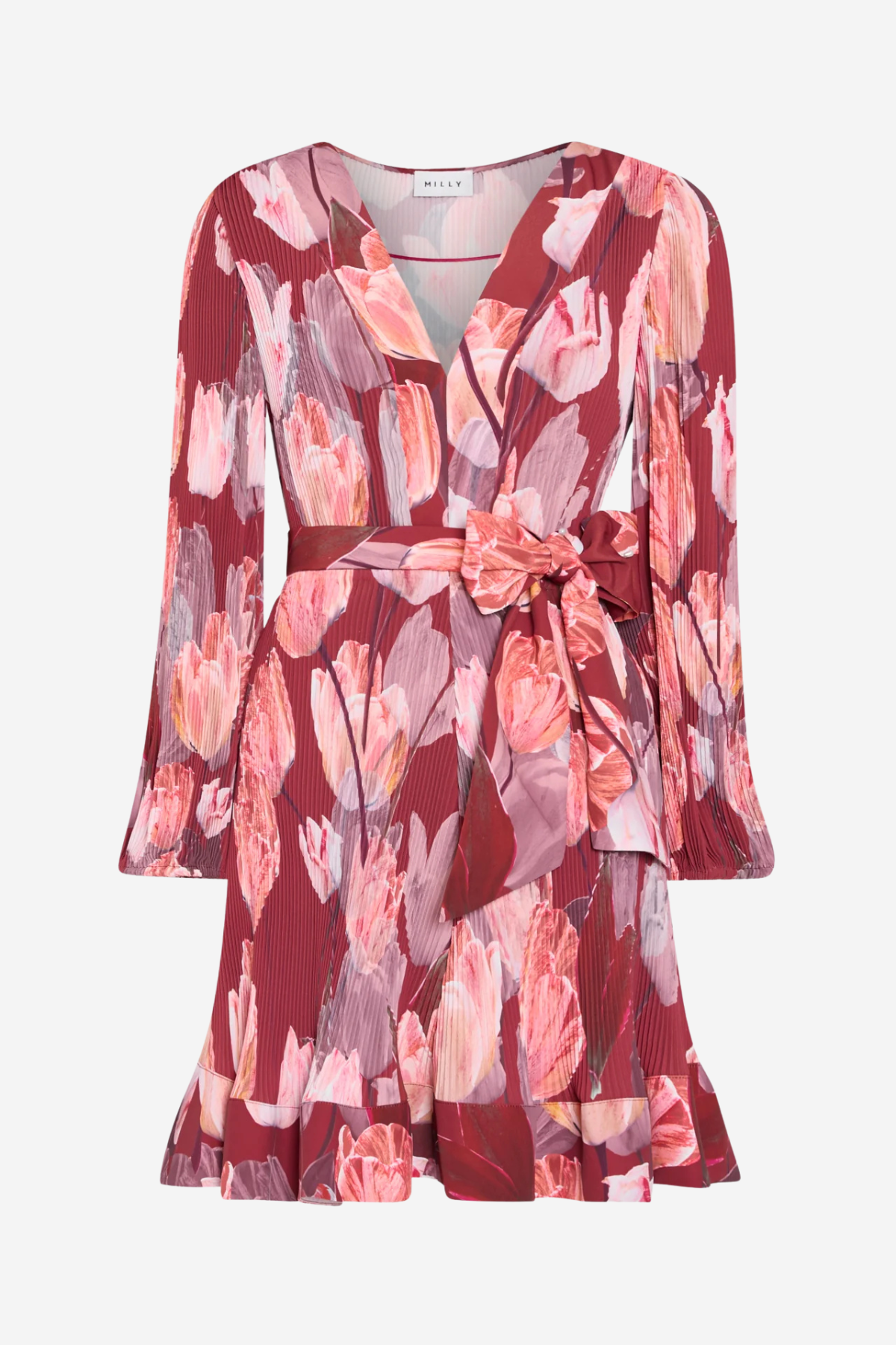 A long-sleeve wrap dress with a tie waist, featuring a pink and red floral tulip print on a light gray background.
