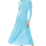 Woman wearing a light blue dress on a white background