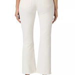 A person shown from the back wearing off-white cropped flare jeans with a white top and tan flat shoes, photographed against a plain white studio background.