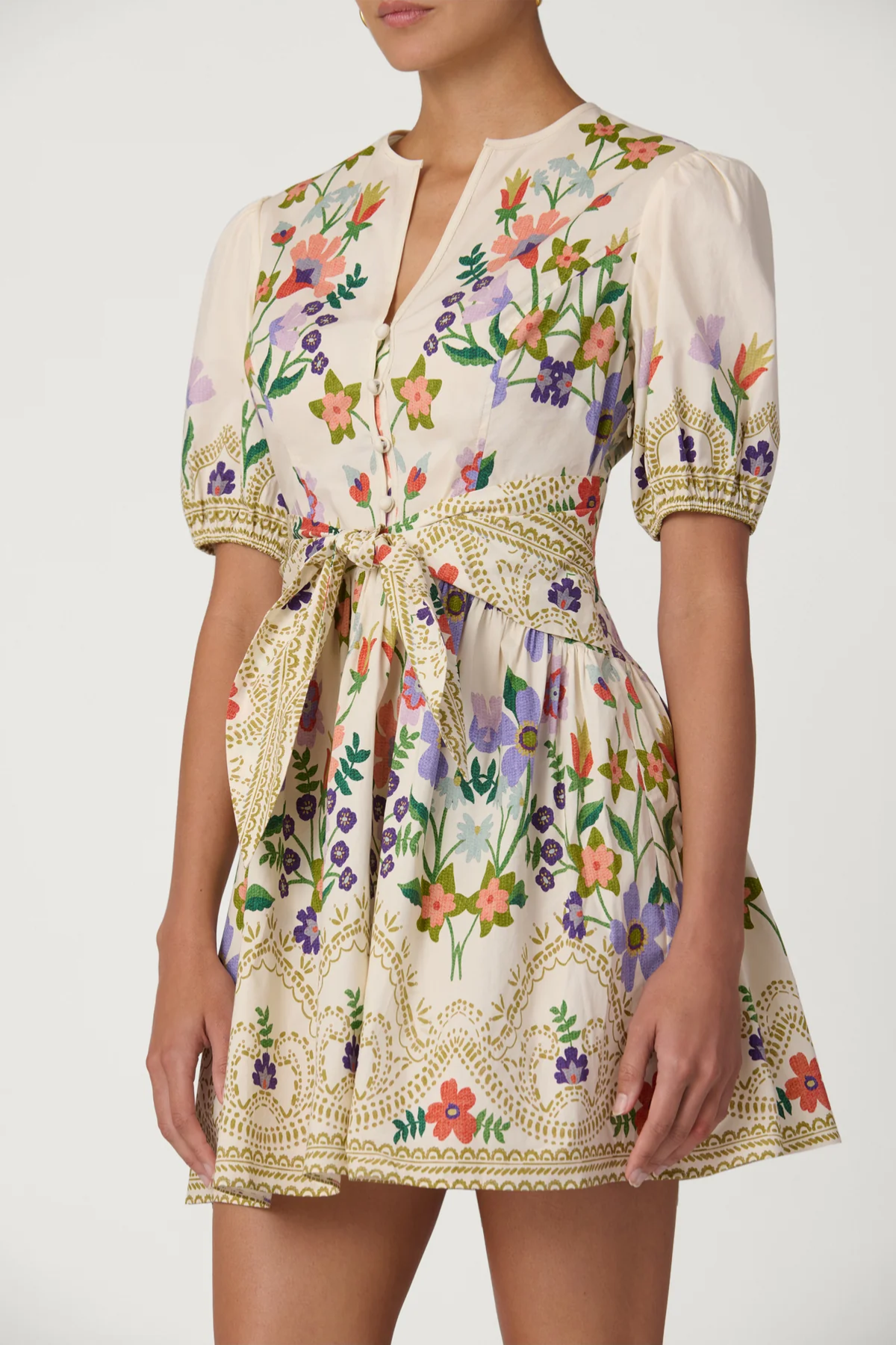 Floral dress with a belt on a white background
