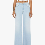 Light blue wide-leg jeans worn by a person on a white background
