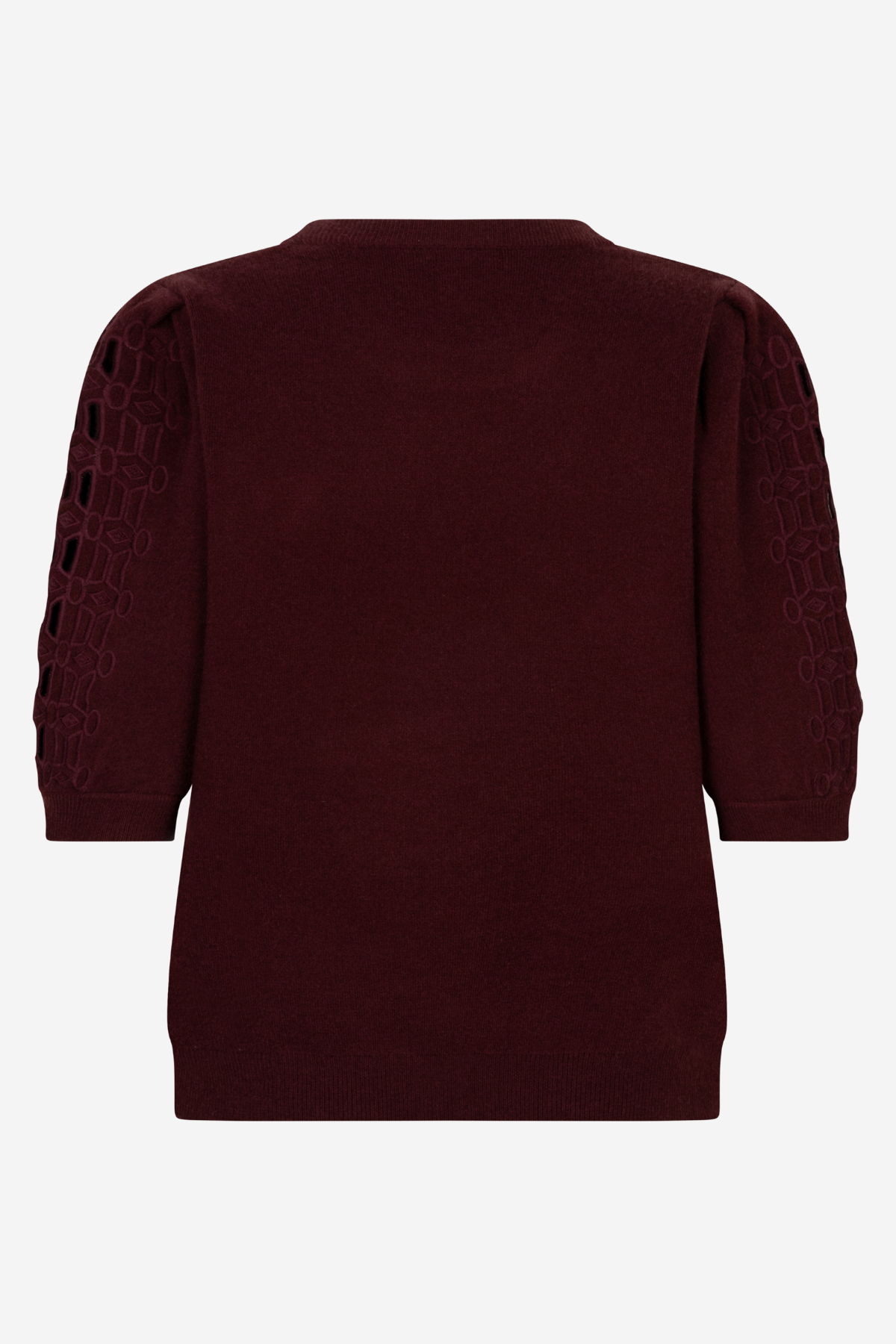 A dark burgundy knit sweater with three-quarter sleeves, featuring textured geometric cutout patterns on the upper sleeves, shown from the back against a light gray background.