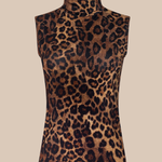 A sleeveless mock neck top with a brown and black leopard print pattern, displayed on a mannequin against a solid beige background.