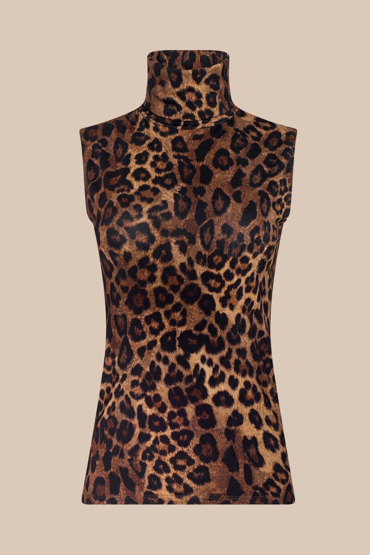 A sleeveless mock neck top with a brown and black leopard print pattern, displayed on a mannequin against a solid beige background.