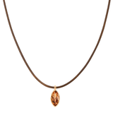 A delicate brown cord necklace featuring a small marquise-cut amber gemstone pendant in a gold-toned setting, shown against a plain white background.