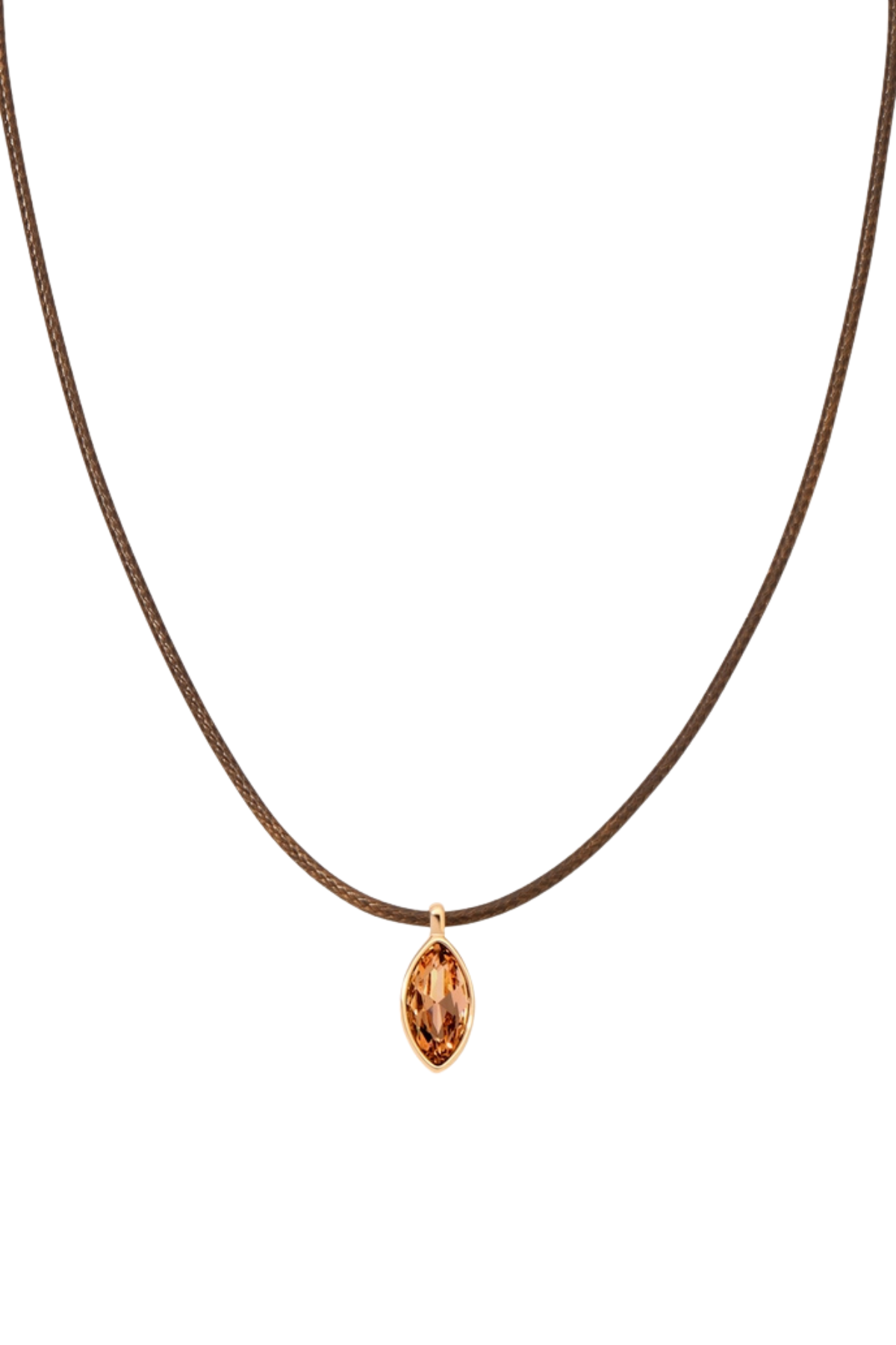 A delicate brown cord necklace featuring a small marquise-cut amber gemstone pendant in a gold-toned setting, shown against a plain white background.