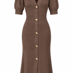 A brown short-sleeve knit dress with puff sleeves, a V-neckline, and a front button closure with gold-tone buttons, shown on a plain white background.