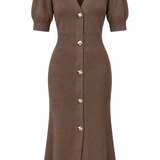 A brown short-sleeve knit dress with puff sleeves, a V-neckline, and a front button closure with gold-tone buttons, shown on a plain white background.
