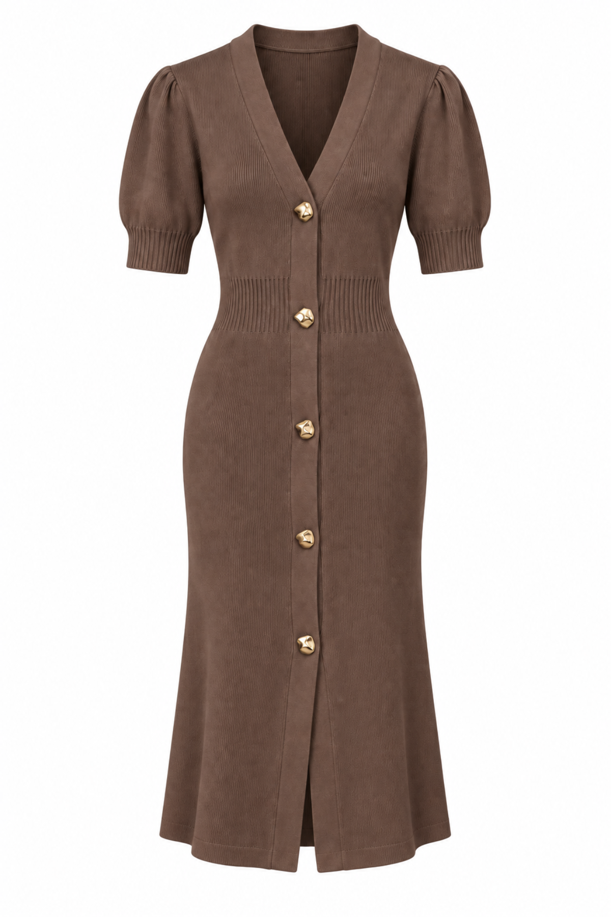 A brown short-sleeve knit dress with puff sleeves, a V-neckline, and a front button closure with gold-tone buttons, shown on a plain white background.