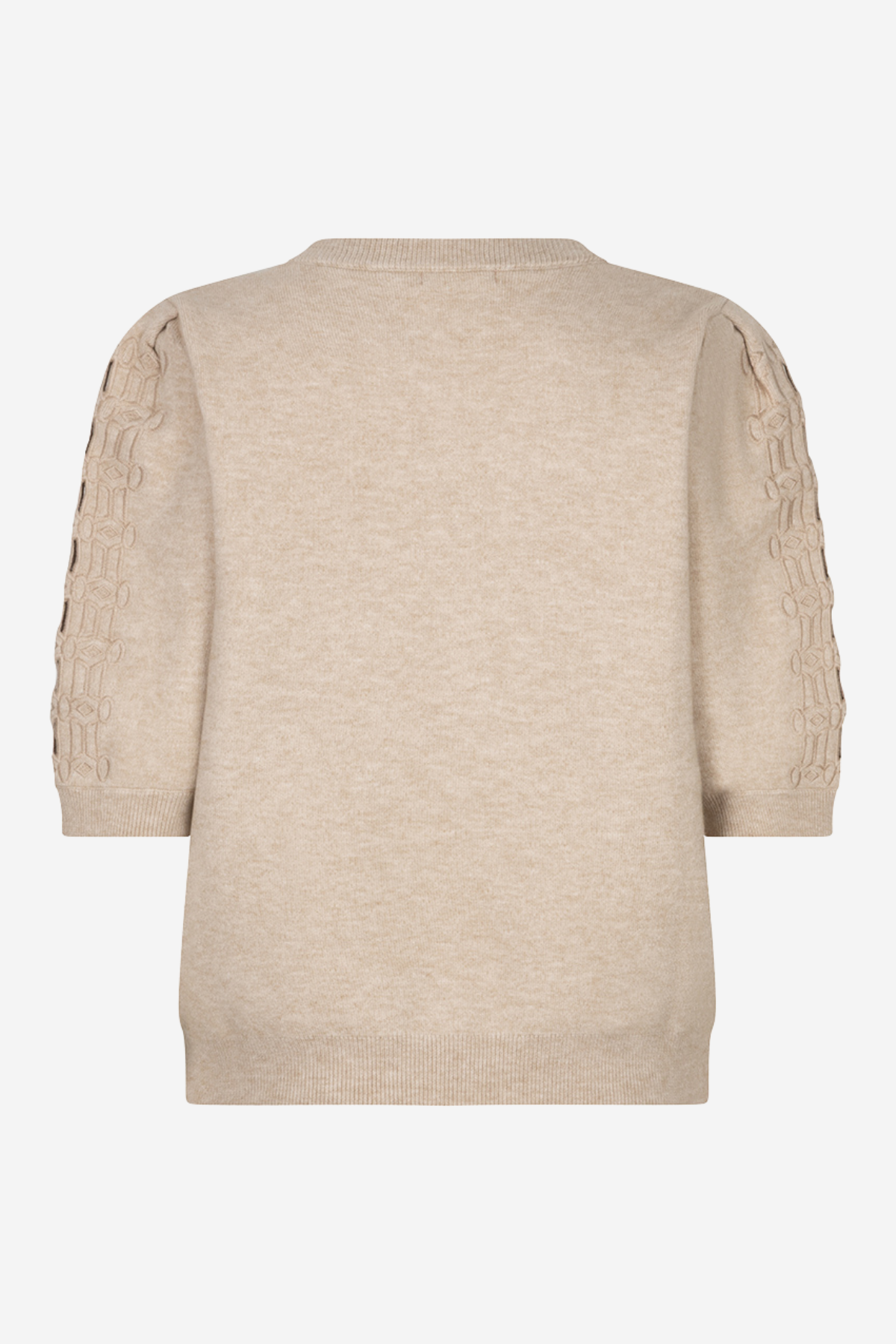 A beige knit sweater shown from the back, featuring textured, raised sleeve detailing, on a plain light gray background.