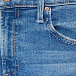 Close-up of blue denim jeans with stitching details