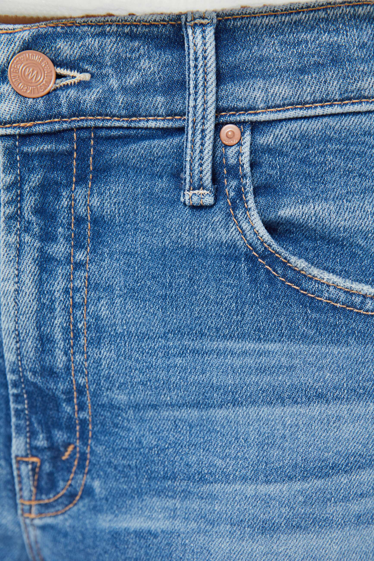 Close-up of blue denim jeans with stitching details