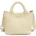 Cream-colored woven handbag with a shoulder strap on a white background