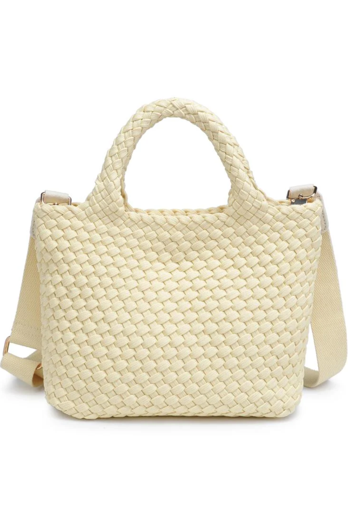 Cream-colored woven handbag with a shoulder strap on a white background