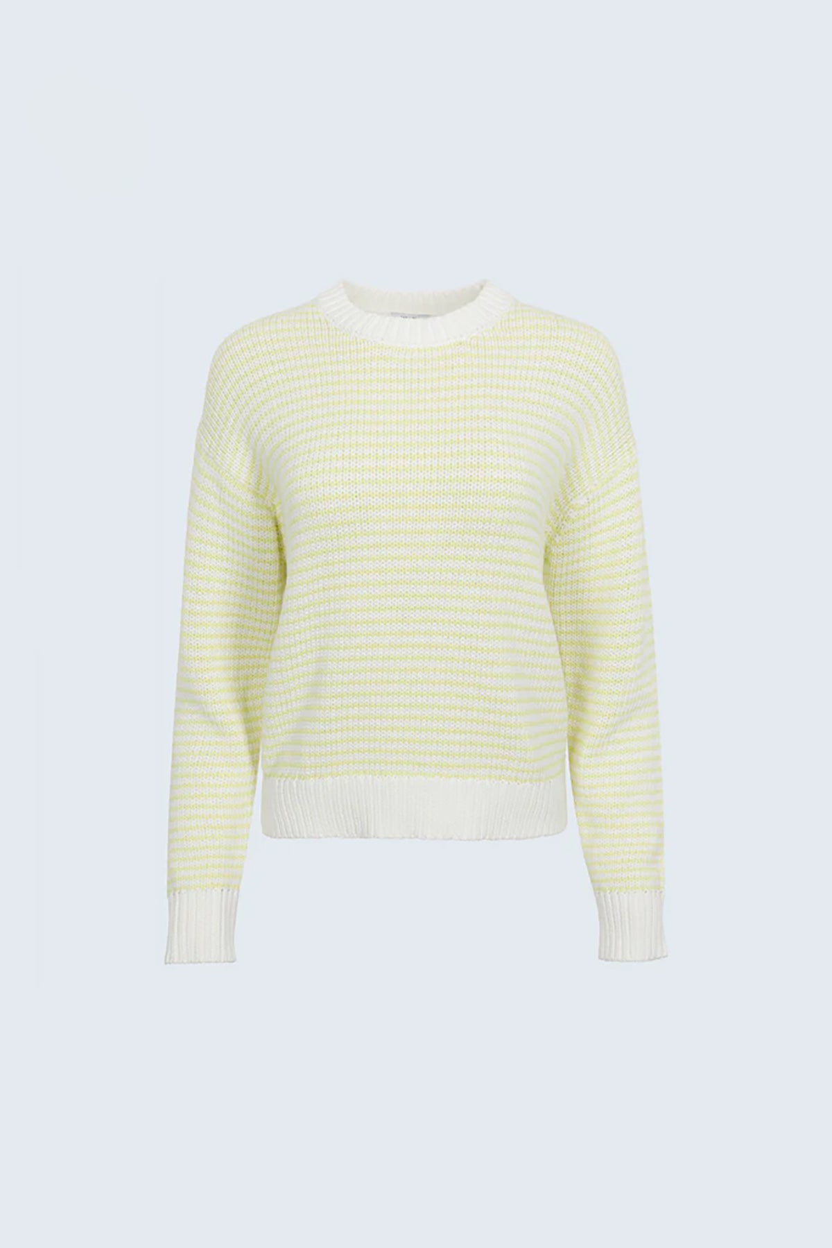 Yellow and white striped sweater on a light gray background