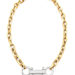 A gold chain necklace with a silver-tone horsebit clasp, displayed on a clean white background.