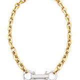 A gold chain necklace with a silver-tone horsebit clasp, displayed on a clean white background.
