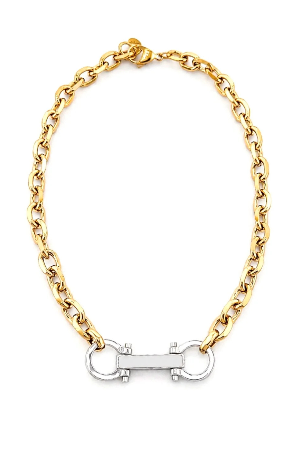 A gold chain necklace with a silver-tone horsebit clasp, displayed on a clean white background.
