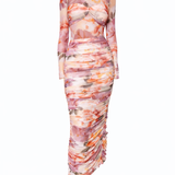 mesh floral midi dress on white background 