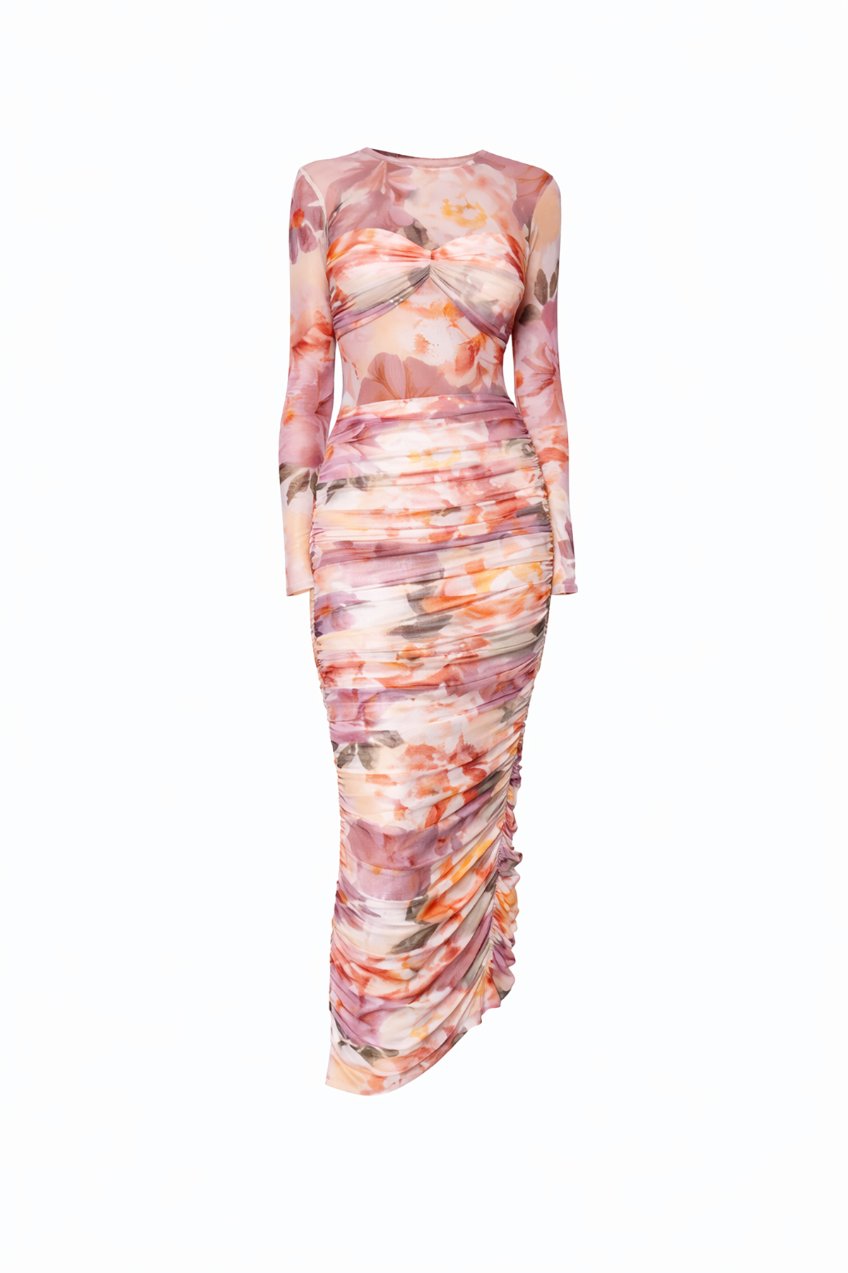 mesh floral midi dress on white background 