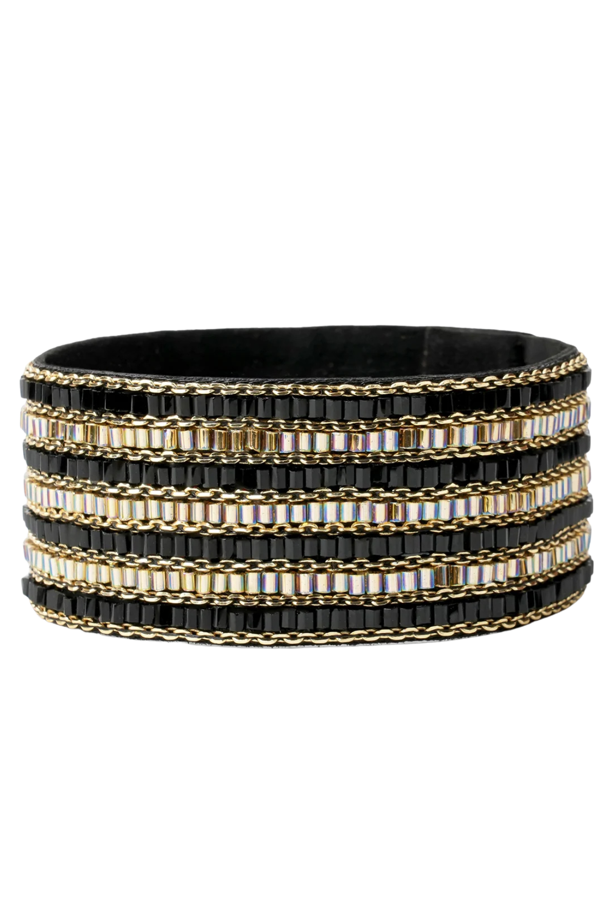 A wide black beaded wrap bracelet with alternating rows of gold chain and rows of black beads accented with iridescent rectangular crystals, shown on a plain white background.