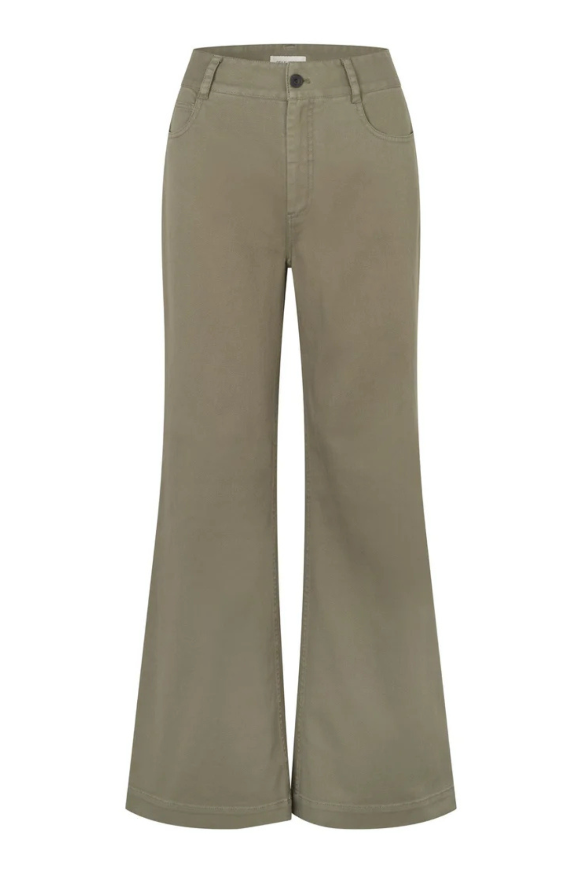 A pair of high-waisted, wide-leg pants in a muted sage green color, shown against a plain white background.